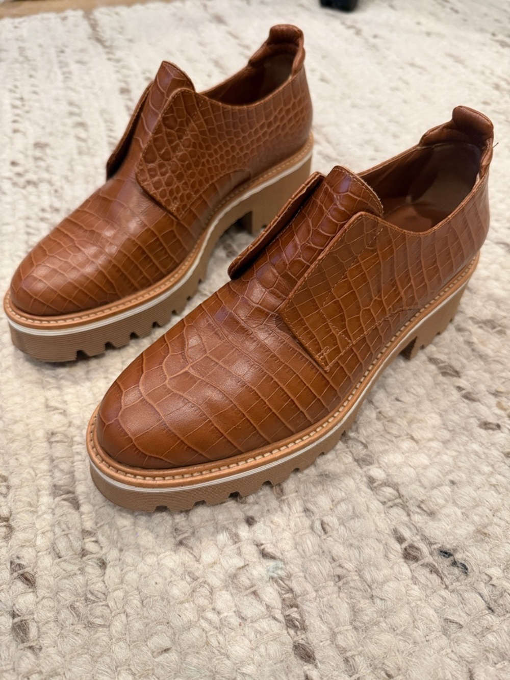 Croc-Embossed Platform Slip-On Oxfords in Cognac